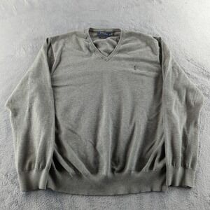 Polo Ralph Lauren Sweater Mens 2XL Gray Pima Cotton V Neck Pullover Knit